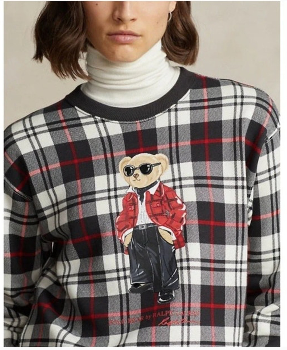 POLO RALPH LAUREN Sz XL Plaid Bear Sweatshirt Brown Red